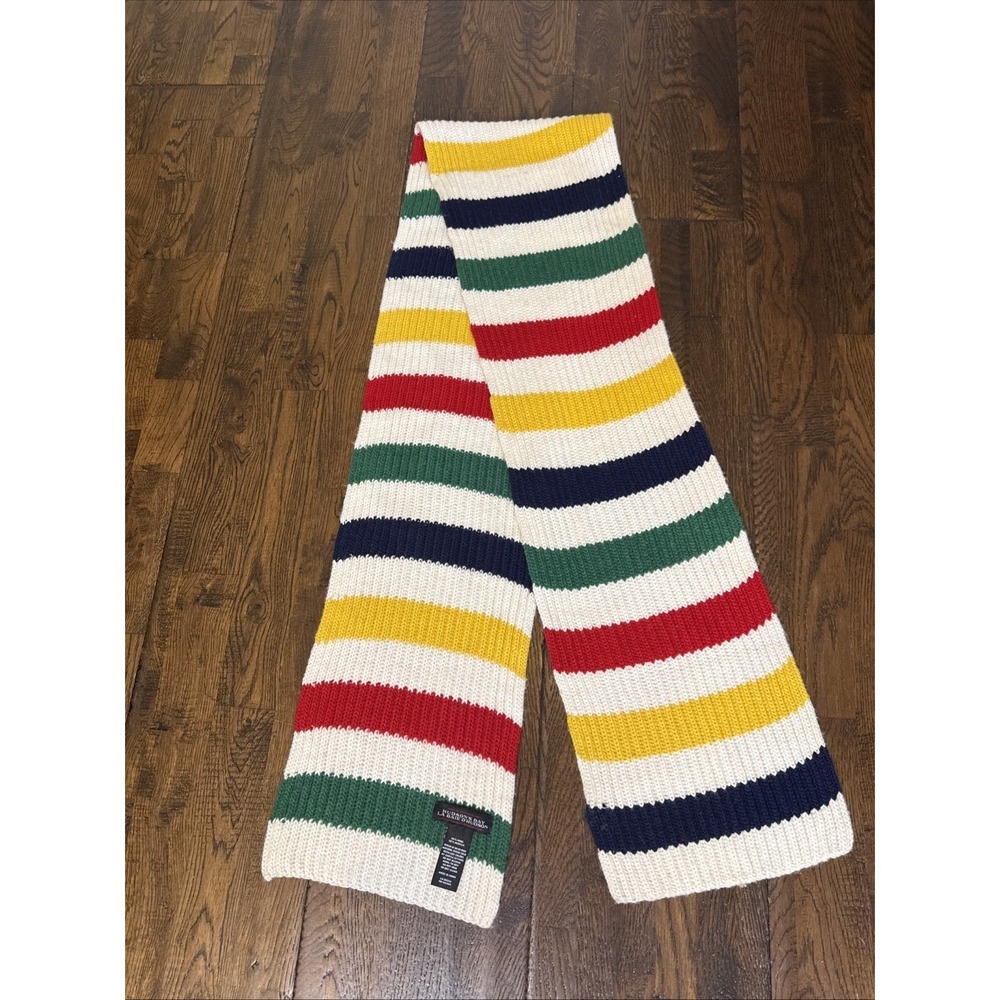 Hudsons Bay Company Multistripe Wool Blend Scarf 8x70 Ivory Green Red Yellow